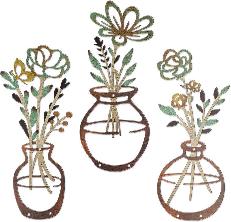 KASTWAVE Flower Wall Art Set - Rustic Farmhouse Floral Decor, 3-Piece Boho Minimalist 3D Wall Sculpture - Image 1