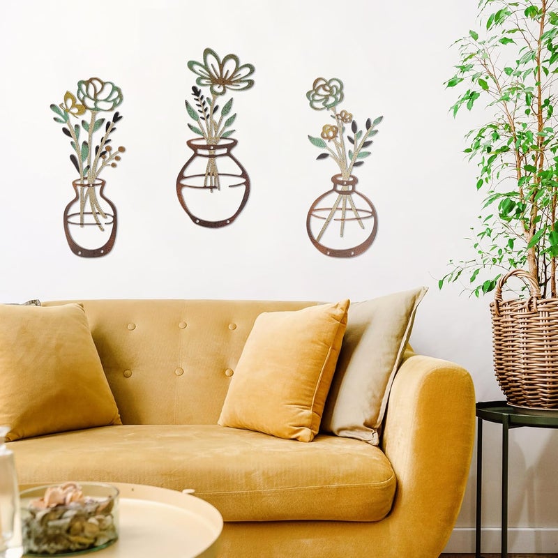 KASTWAVE Flower Wall Art Set - Rustic Farmhouse Floral Decor, 3-Piece Boho Minimalist 3D Wall Sculpture - Image 4