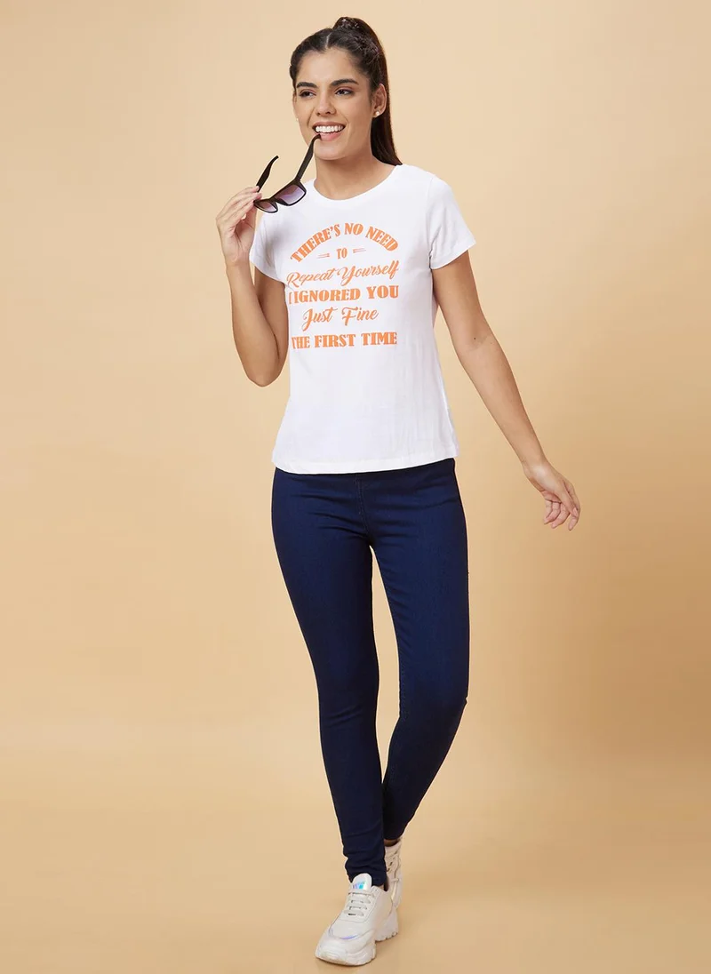 globus Globus Women White Typography Round Neck Pure Cotton T-Shirt