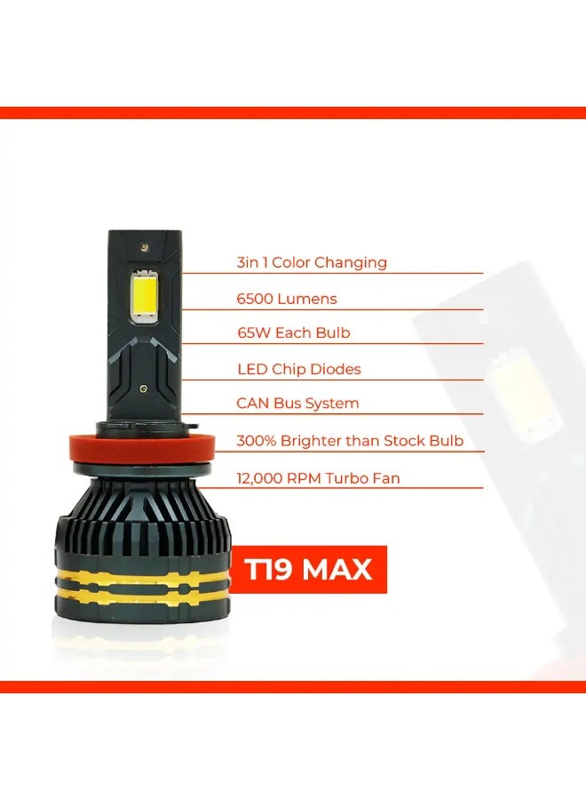 توبيز مصابيح أمامية LED H7 T19 Max الجديدة من Toby's بقوة 65 واط، 3 ألوان متغيرة (أبيض ماسي 6000 كلفن، أصفر ذهبي 3000 كلفن، أبيض دافئ 4300 كلفن) للضوء العالي أو المنخفض أو الضباب. - Image 4