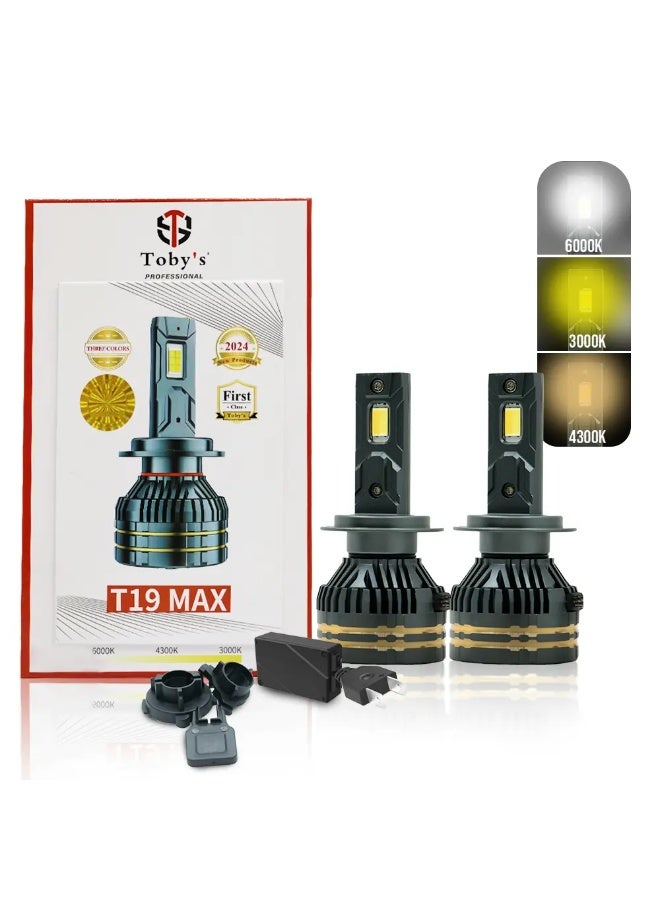 توبيز مصابيح أمامية LED H7 T19 Max الجديدة من Toby's بقوة 65 واط، 3 ألوان متغيرة (أبيض ماسي 6000 كلفن، أصفر ذهبي 3000 كلفن، أبيض دافئ 4300 كلفن) للضوء العالي أو المنخفض أو الضباب. - Image 1
