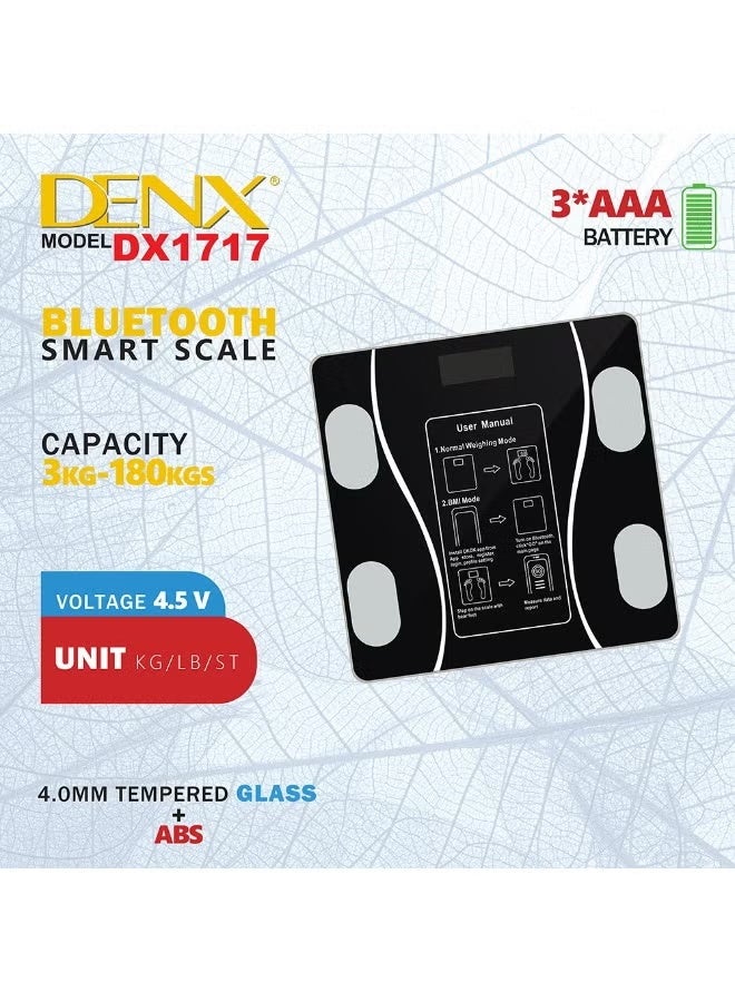 Denx Bluetooth Smart Body Weight Scale with Body Composition Analyzer, Digital Bathroom Scale, BMI, Body Fat, Muscle Mass, Water, Bone Mass, Bluetooth App Sync, High Precision Electronic Weighing Scale, Tempered Glass, Black - Image 4