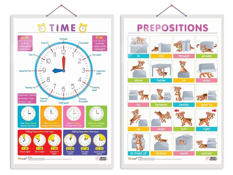 GoWoo Set of 2 TIME and PREPOSITIONS Early Learning Educational Charts for Kids | 20"X30" inch |Non-Tearable and Waterproof | Double Sided Laminated | Perfect for Homeschooling, Kindergarten and Nursery Students - Image 1