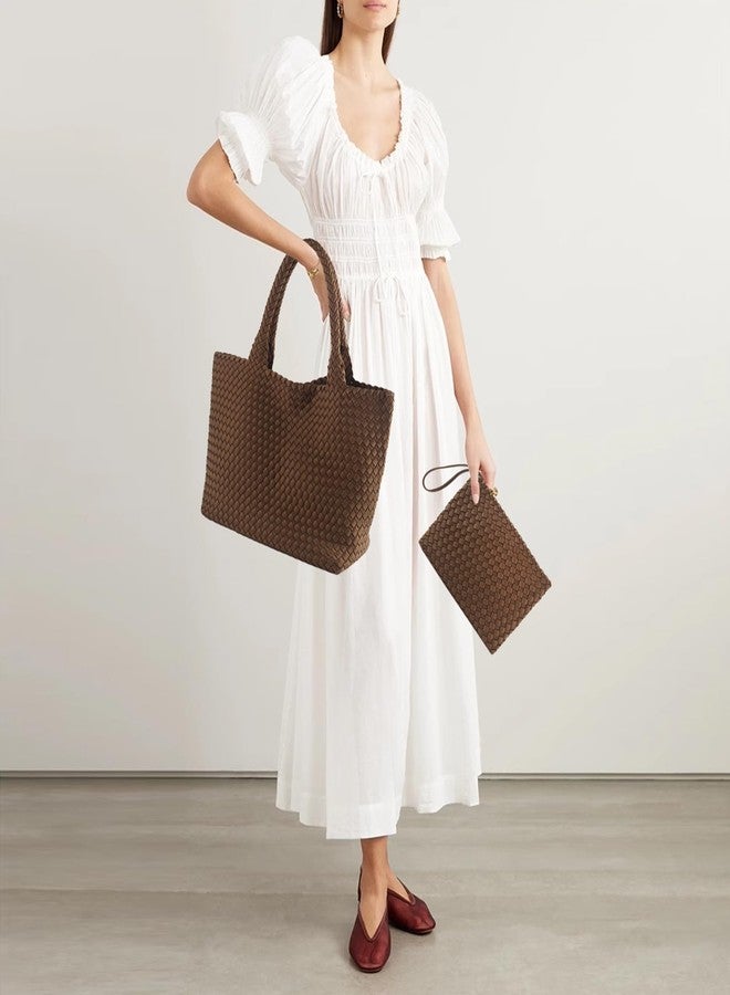 LIKEBAG Woven Bag for Women, Large Neoprene Tote Bag Summer Beach Handbag Purse Retro Handmade Travel Shoulder Bag Set (Coffee) - Image 2