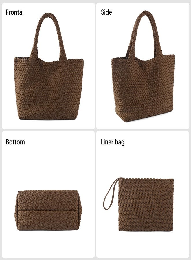 LIKEBAG Woven Bag for Women, Large Neoprene Tote Bag Summer Beach Handbag Purse Retro Handmade Travel Shoulder Bag Set (Coffee) - Image 3