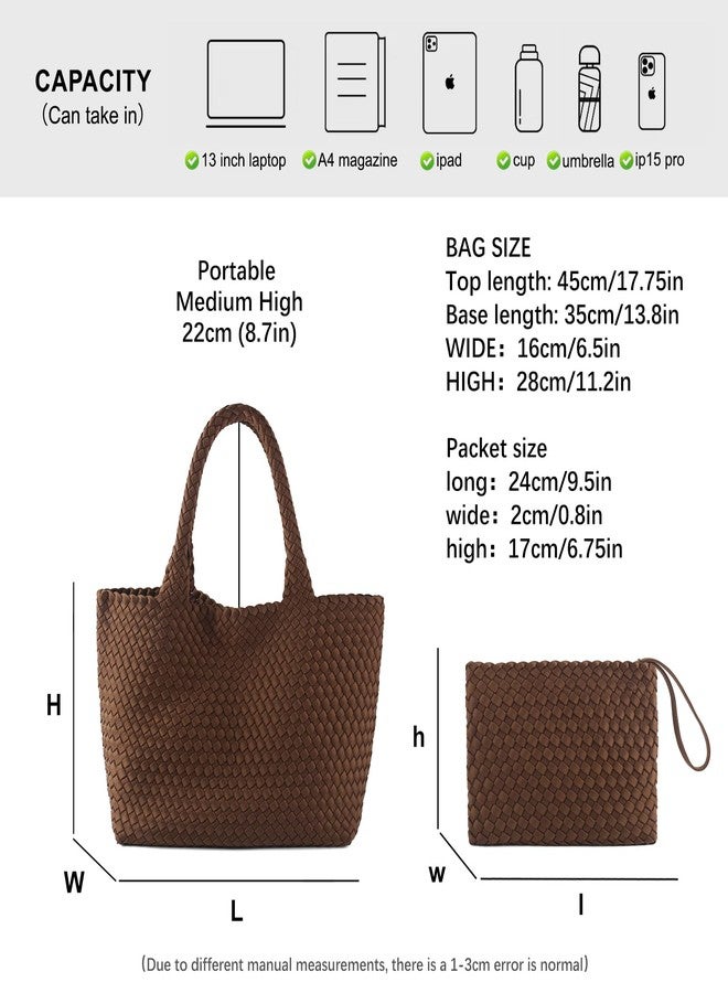 LIKEBAG Woven Bag for Women, Large Neoprene Tote Bag Summer Beach Handbag Purse Retro Handmade Travel Shoulder Bag Set (Coffee) - Image 4