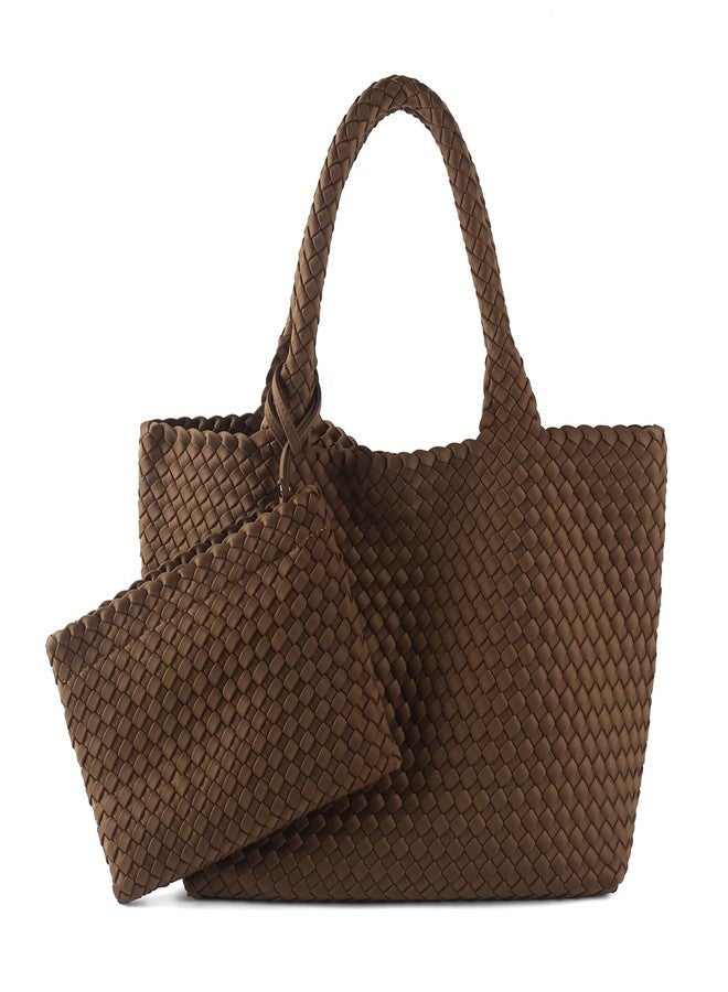 LIKEBAG Woven Bag for Women, Large Neoprene Tote Bag Summer Beach Handbag Purse Retro Handmade Travel Shoulder Bag Set (Coffee) - Image 1