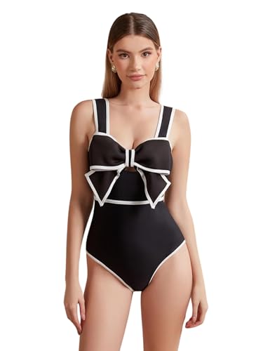 FLAXMAKER Black and White Swimsuit Bow-tie Decor One Piece Bathing Suit(Black,M) - Image 1