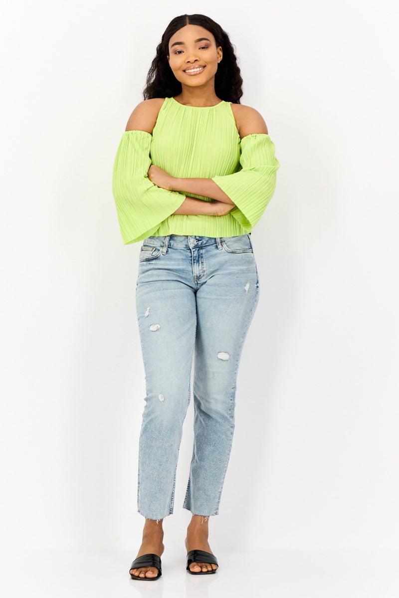 ONLY Women Crew Neck Elbow Sleeves Textured Top, Light Green - Image 4