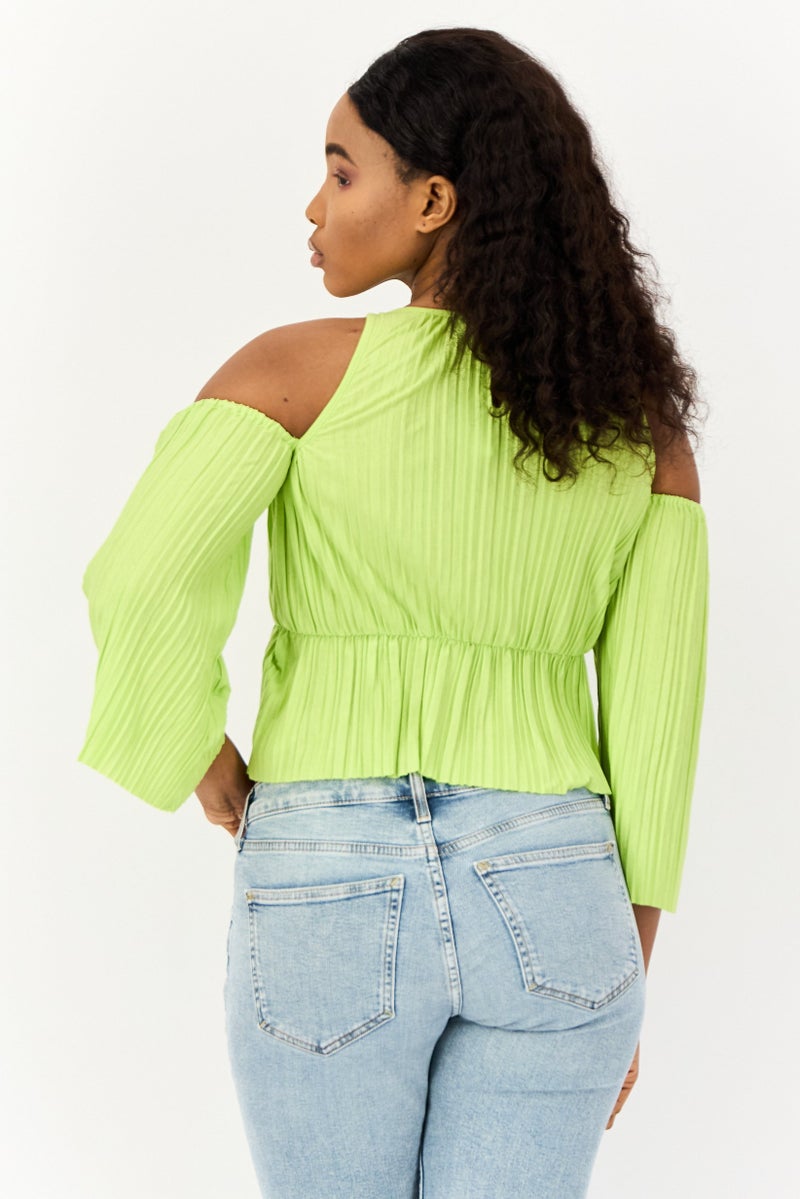 ONLY Women Crew Neck Elbow Sleeves Textured Top, Light Green - Image 2