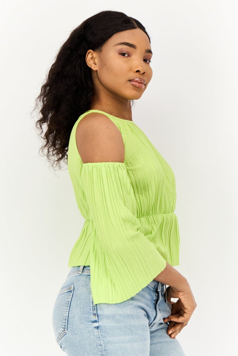ONLY Women Crew Neck Elbow Sleeves Textured Top, Light Green - Image 3