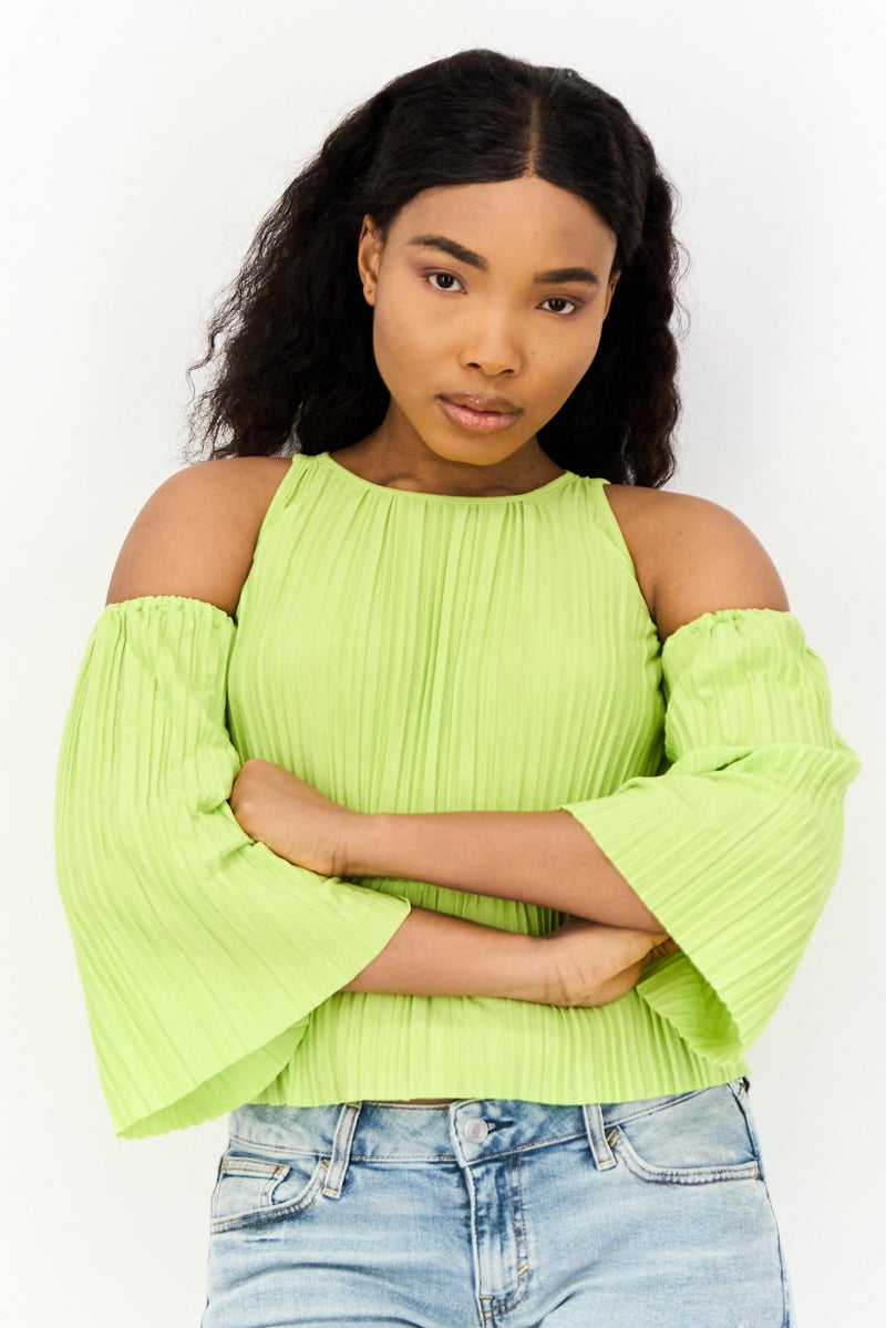ONLY Women Crew Neck Elbow Sleeves Textured Top, Light Green - Image 1