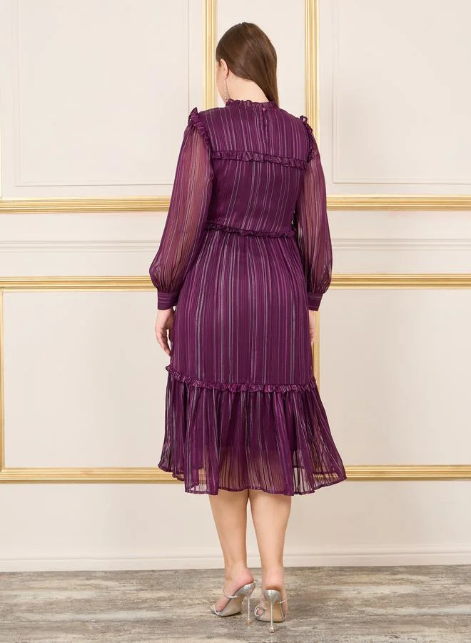 Styli Plus Lurex Striped Frill Detail High Neck A-Line Midi Dress