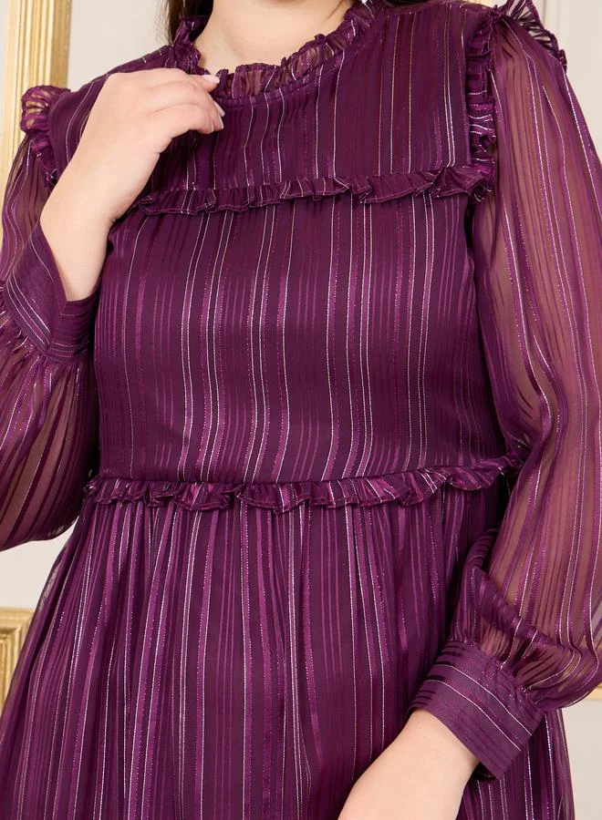 Styli Plus Lurex Striped Frill Detail High Neck A-Line Midi Dress