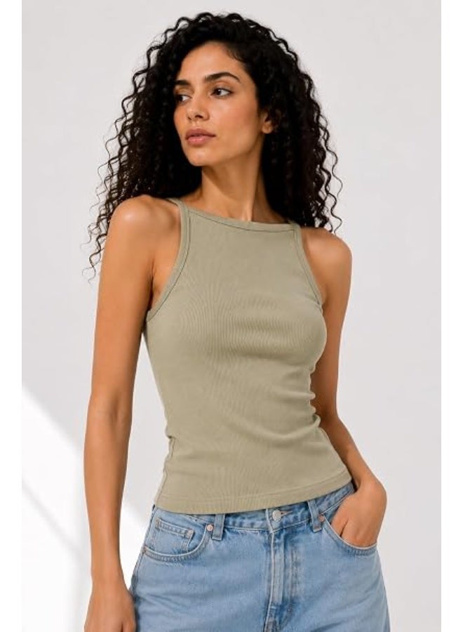 Nileton Women's Basic Ribbed Knit - Cotton Boat Neck Tank Top - Slim Fit Sleeveless Stretchy Fitted Casual Everyday Tank - Image 4
