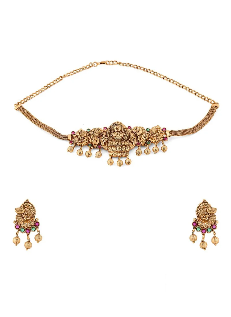 Priyaasi Stone-Studded Lakshmi Attigai Choker Necklace With Drop Earrings