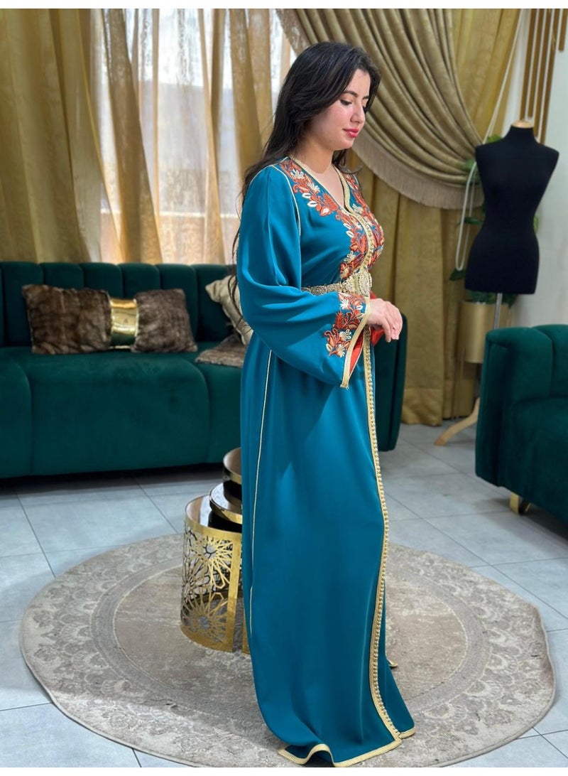 Al Merrakchiya Women’s Long Caftan / Kaftan Tunic Dress – Maxi Crepe Kaftan | Soft & Comfortable jalabiya For Womens | Modest Traditional Dress for Daily Wear - Petroleum Blue-CM6 - Image 4