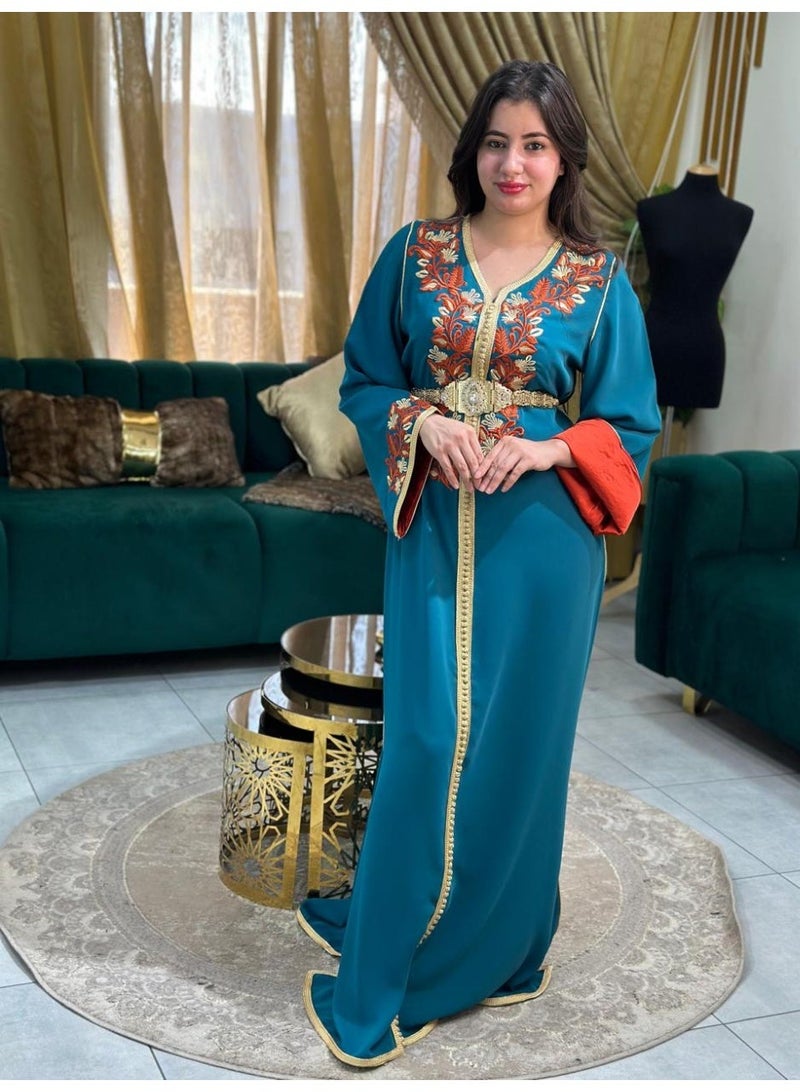 Al Merrakchiya Women’s Long Caftan / Kaftan Tunic Dress – Maxi Crepe Kaftan | Soft & Comfortable jalabiya For Womens | Modest Traditional Dress for Daily Wear - Petroleum Blue-CM6 - Image 3