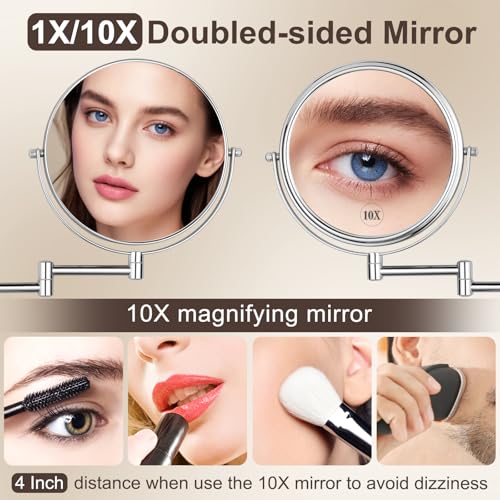 DECLUTTR 8 Inch Wall Mounted Magnifying Mirror with 10x Magnification Double Sided Vanity Makeup Mirror for Bathroom Chrome Finished - Image 5
