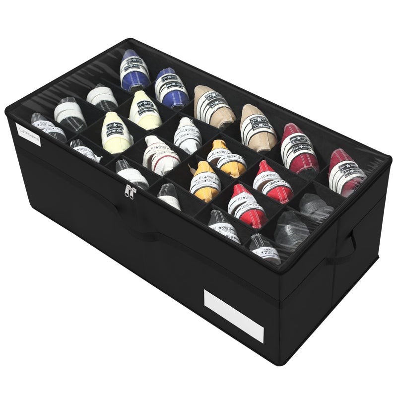 Luvhomee Shoe Storage Organizer Fits 24 Pairs Large Shoe Organizer Box for Closet Clear Foldable Shoes Containers wBottom Support Space Saving Shoe Cubby Storage Boxes wReinforced Handles Black