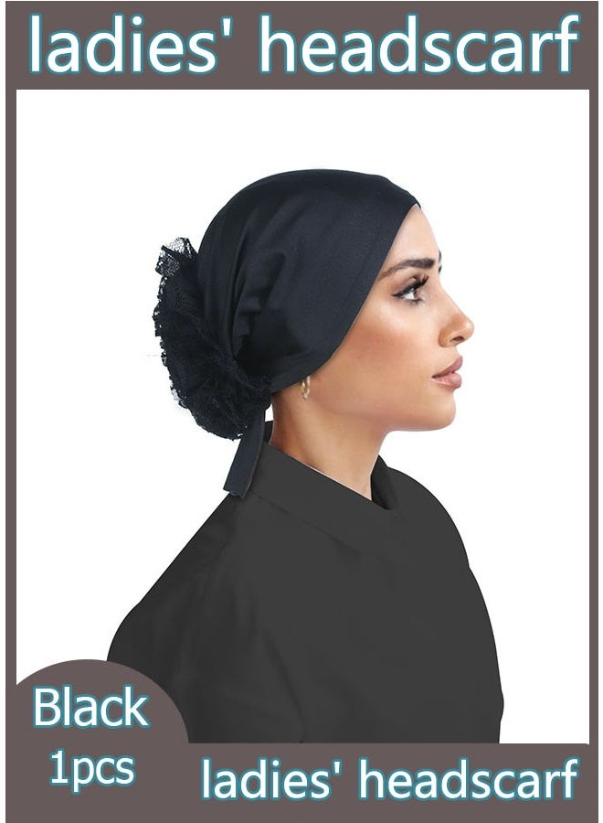 1 piece - Simple solid color lace large plate flower belt women's headscarf (black) - Image 1