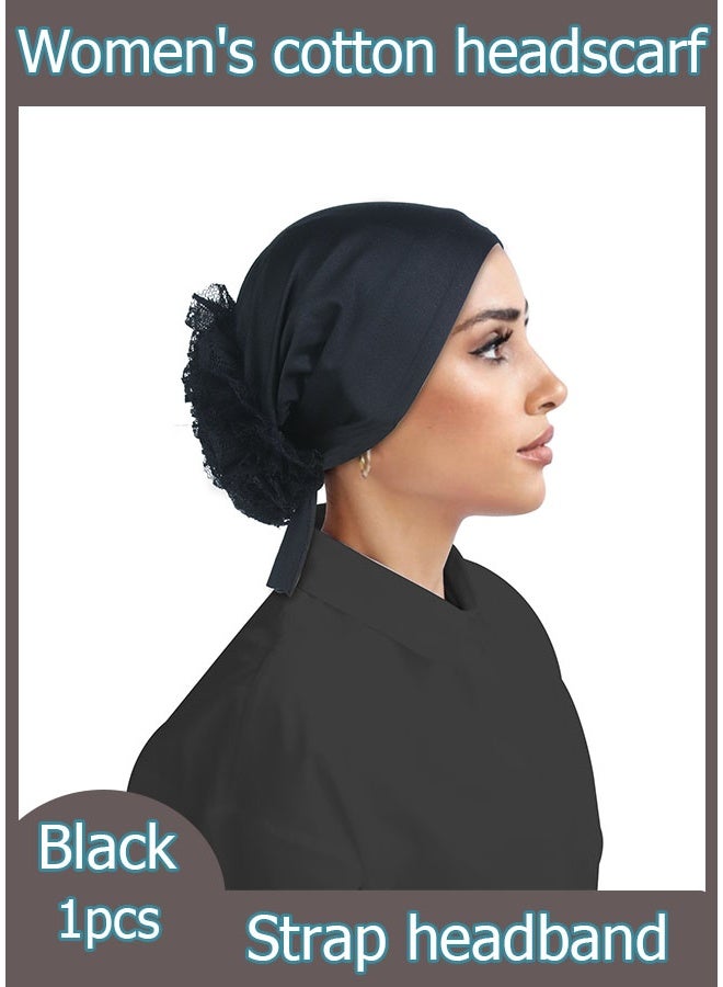 1 piece - Simple solid color lace large plate flower belt women's headscarf (black) - Image 2