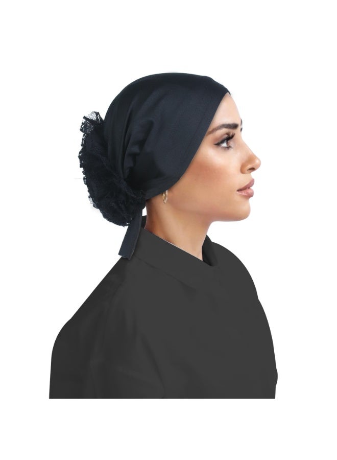 1 piece - Simple solid color lace large plate flower belt women's headscarf (black) - Image 3