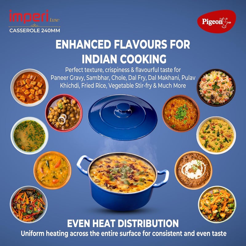 pigeon Pigeon by Stovekraft Cast Iron Casserole with Cast Iron Lid Medium 24 cm Enamel Coated Luxurious Mirror Finish ToxinFree High Pressure Casting Cook With Style Elegance Comfort - Image 2