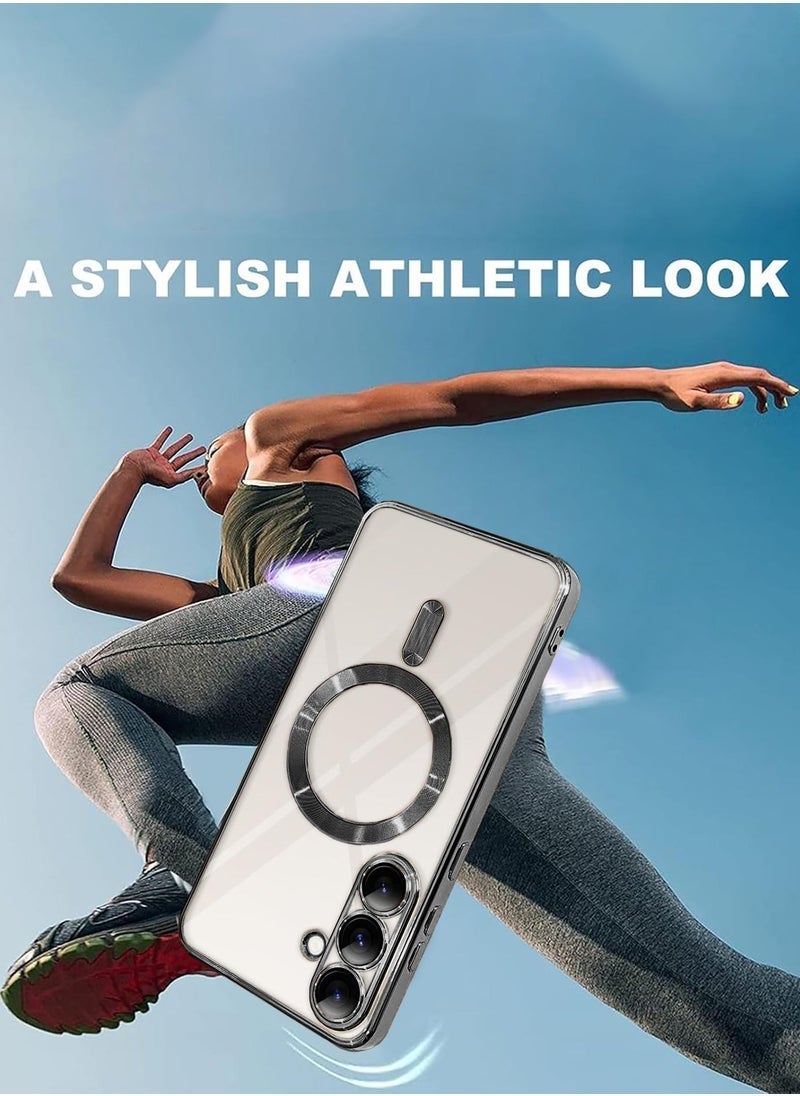 TIGER Samsung Galaxy S25 5G 2025 MagSafe PU Leather Luxury Plating Case Cover – Clear/Black Protective Case with Raised Lips for Camera Protection, Shockproof Slim Fit Design, Wireless Charging Compatible, Stylish Metallic Frame Look - Image 4