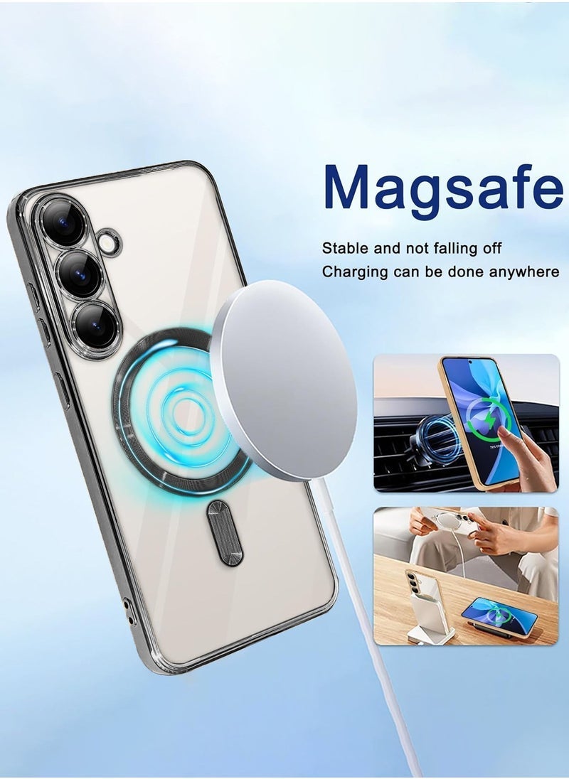 TIGER Samsung Galaxy S25 5G 2025 MagSafe PU Leather Luxury Plating Case Cover – Clear/Black Protective Case with Raised Lips for Camera Protection, Shockproof Slim Fit Design, Wireless Charging Compatible, Stylish Metallic Frame Look - Image 3