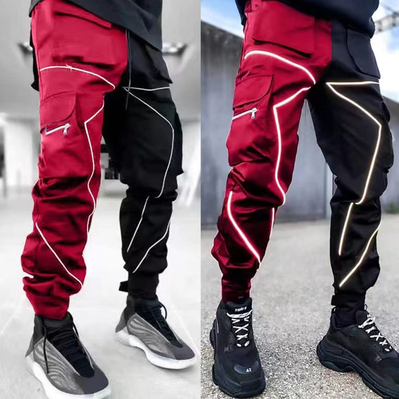 Nutriangee Men's Punk Rock Street Harem Pants, Reflective Technical Hip Hop Jogger Sport Pants Black/Red Large - Image 2