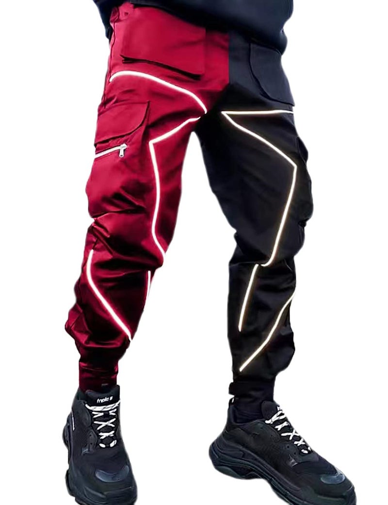 Nutriangee Men's Punk Rock Street Harem Pants, Reflective Technical Hip Hop Jogger Sport Pants Black/Red Large - Image 1