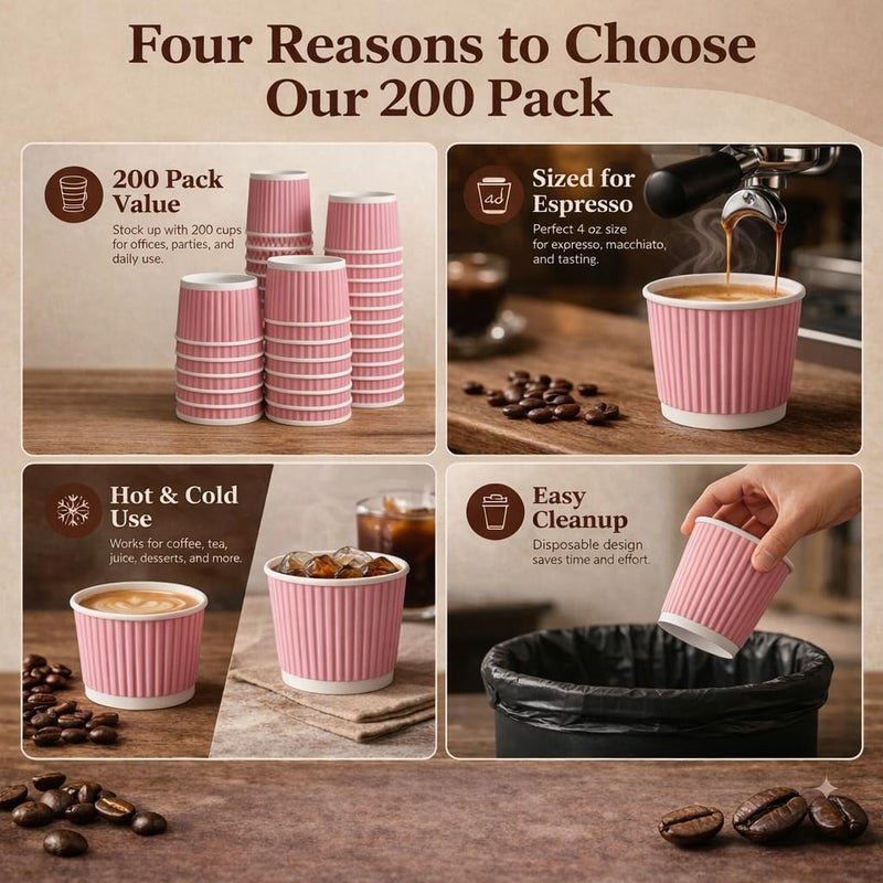 Barafat 200pcs 4oz Paper Espresso Cups Ripple Wall Hot Cups For Coffee Disposable Coffee Cup Paper Hot/Cold Drinking Cups for Party, Picnic, Travel and Events (200, Pink) - Image 3