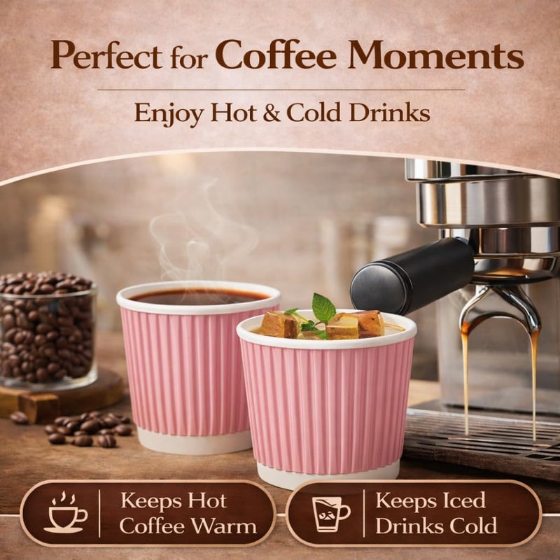 Barafat 200pcs 4oz Paper Espresso Cups Ripple Wall Hot Cups For Coffee Disposable Coffee Cup Paper Hot/Cold Drinking Cups for Party, Picnic, Travel and Events (200, Pink) - Image 2