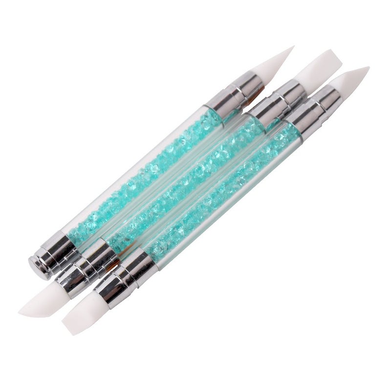 WOKOTO WOKOTO 3 Pcs Set 2 Ways Silicone Nail Art Acrylic Pen Brushes set Blue Rhinestones Design Sculpture Carving Brush For 3D Effect Shaping Drawing Dotting Tools