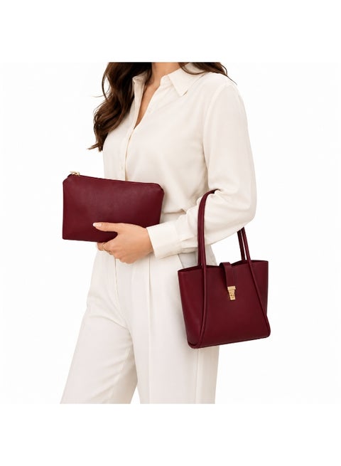 Women’s Shoulder Tote Bag Set with Matching Zipper Pouch, Long Handles and Front Metal Lock for Work and Everyday Use