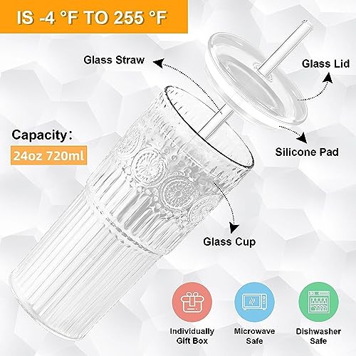 Bandesun All Glass Iced Coffee Cup With Lids and Straws，24 OZ High Borosilicate Glass Tumbler for Water Smoothie Juice Drinks - Image 2