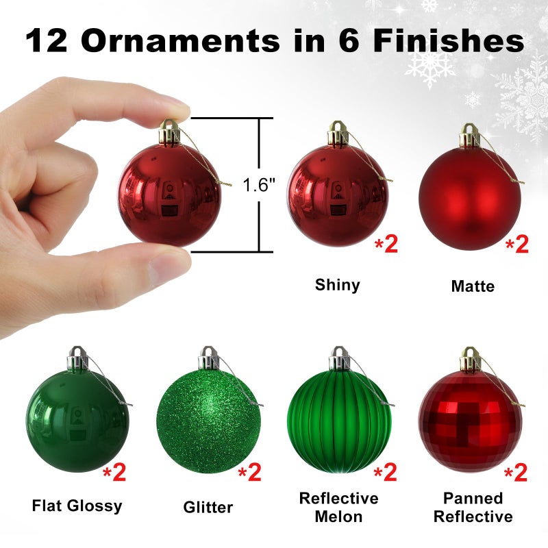 GameXcel Red & Green 1.6"" Small Christmas Balls Christmas Tree Decoration Ornaments Shatterproof Hanging Balls for Birthday Halloween Holiday Wedding Decorations Set of 12pcs - Image 2