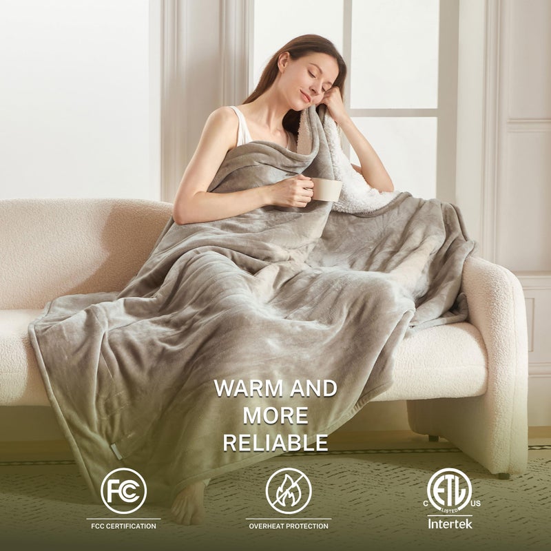 Cozorbt Heat Blanket 50â€x60â€ Throw,Soft Flannel & Sherpa Reversible Electric Blanket with 10 Heat Settings,12 Timer Setting and 3 Hours Auto-Shut Off,ETL Certified Machine Washable,Light Brown - Image 2
