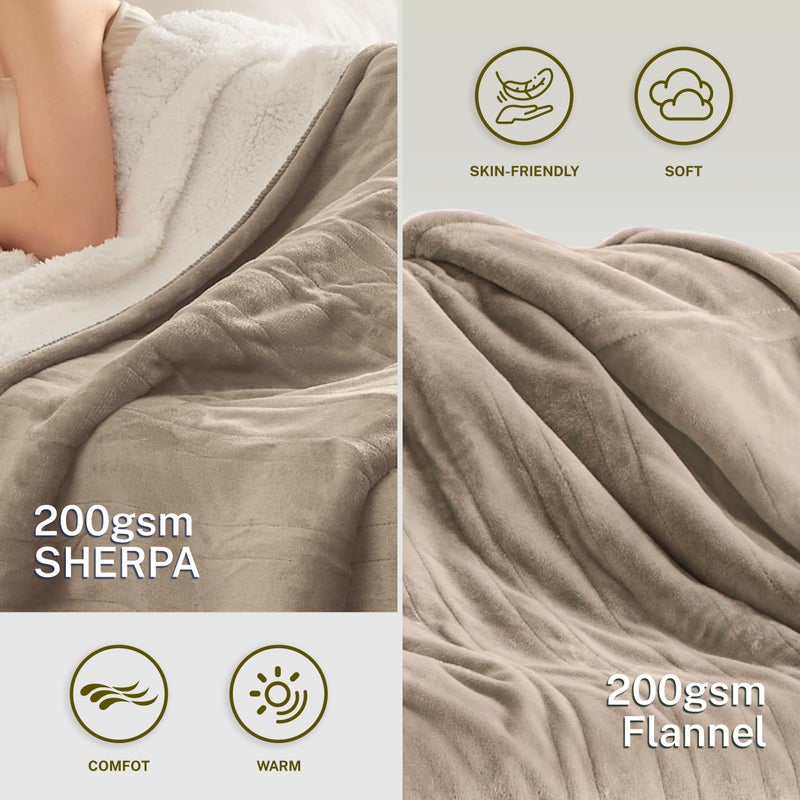 Cozorbt Heat Blanket 50â€x60â€ Throw,Soft Flannel & Sherpa Reversible Electric Blanket with 10 Heat Settings,12 Timer Setting and 3 Hours Auto-Shut Off,ETL Certified Machine Washable,Light Brown - Image 3