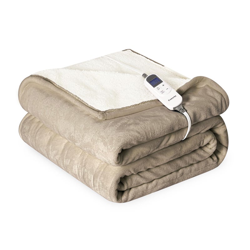 Cozorbt Heat Blanket 50â€x60â€ Throw,Soft Flannel & Sherpa Reversible Electric Blanket with 10 Heat Settings,12 Timer Setting and 3 Hours Auto-Shut Off,ETL Certified Machine Washable,Light Brown - Image 1