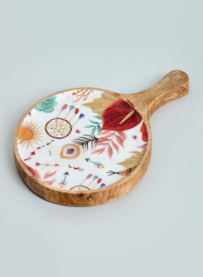 SAAGA Burnt Sienna Mango Wood Pizza Serving Tray | 15 x 10 Inch Round Wooden Snack Plate | Stylish Food Serving Platter for Pizza Snacks & Appetizers | Kitchen Home Café & Restaurant - Image 2