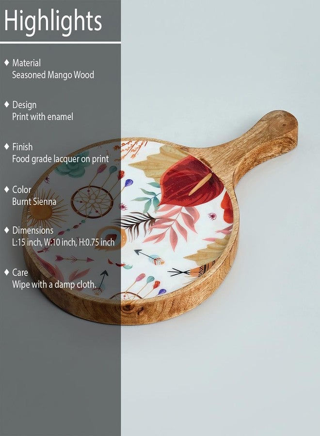 SAAGA Burnt Sienna Mango Wood Pizza Serving Tray | 15 x 10 Inch Round Wooden Snack Plate | Stylish Food Serving Platter for Pizza Snacks & Appetizers | Kitchen Home Café & Restaurant - Image 5