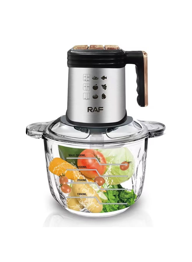 RAF 5L Large Capacity Electric Food Processor 500W Multifunction Vegetable Chopper Meat Grinder Powerful and efficient processor built for fast food preparation. Large bowl allows processing bigger quantities at once. Five spiral blades provide precise cutting. Perfect for everyday kitchen tasks and simple meal preparation. - Image 1