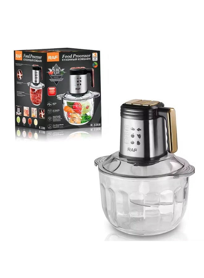 RAF 5L Large Capacity Electric Food Processor 500W Multifunction Vegetable Chopper Meat Grinder Powerful and efficient processor built for fast food preparation. Large bowl allows processing bigger quantities at once. Five spiral blades provide precise cutting. Perfect for everyday kitchen tasks and simple meal preparation. - Image 2