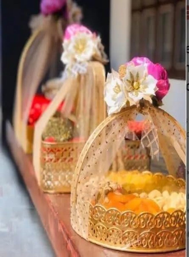 PALMY Metal Round Flower Basket with Handle – Gold Decorative Basket for Puja, Dining Table, Home Décor, and Fruit Arrangement - Image 4