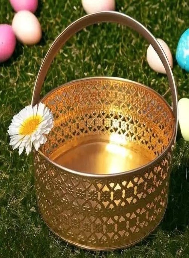 PALMY Metal Round Flower Basket with Handle – Gold Decorative Basket for Puja, Dining Table, Home Décor, and Fruit Arrangement - Image 3