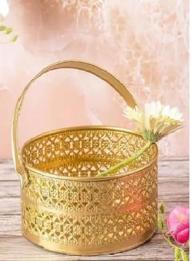 PALMY Metal Round Flower Basket with Handle – Gold Decorative Basket for Puja, Dining Table, Home Décor, and Fruit Arrangement - Image 2