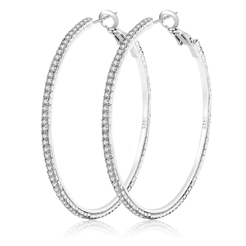 OOOPEL Large Rhinestone Hoop Earrings 925 Sterling Silver Post Cubic Zirconia Hoop Earrings Thin Rhinestones Round Hoop Earrings for Women Silver Hoop Earrings Sparkly Hoop Earrings with Crystals for Womens - Image 1