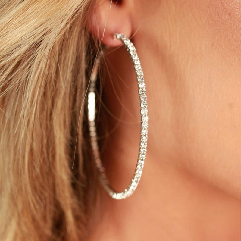 OOOPEL Large Rhinestone Hoop Earrings 925 Sterling Silver Post Cubic Zirconia Hoop Earrings Thin Rhinestones Round Hoop Earrings for Women Silver Hoop Earrings Sparkly Hoop Earrings with Crystals for Womens - Image 4